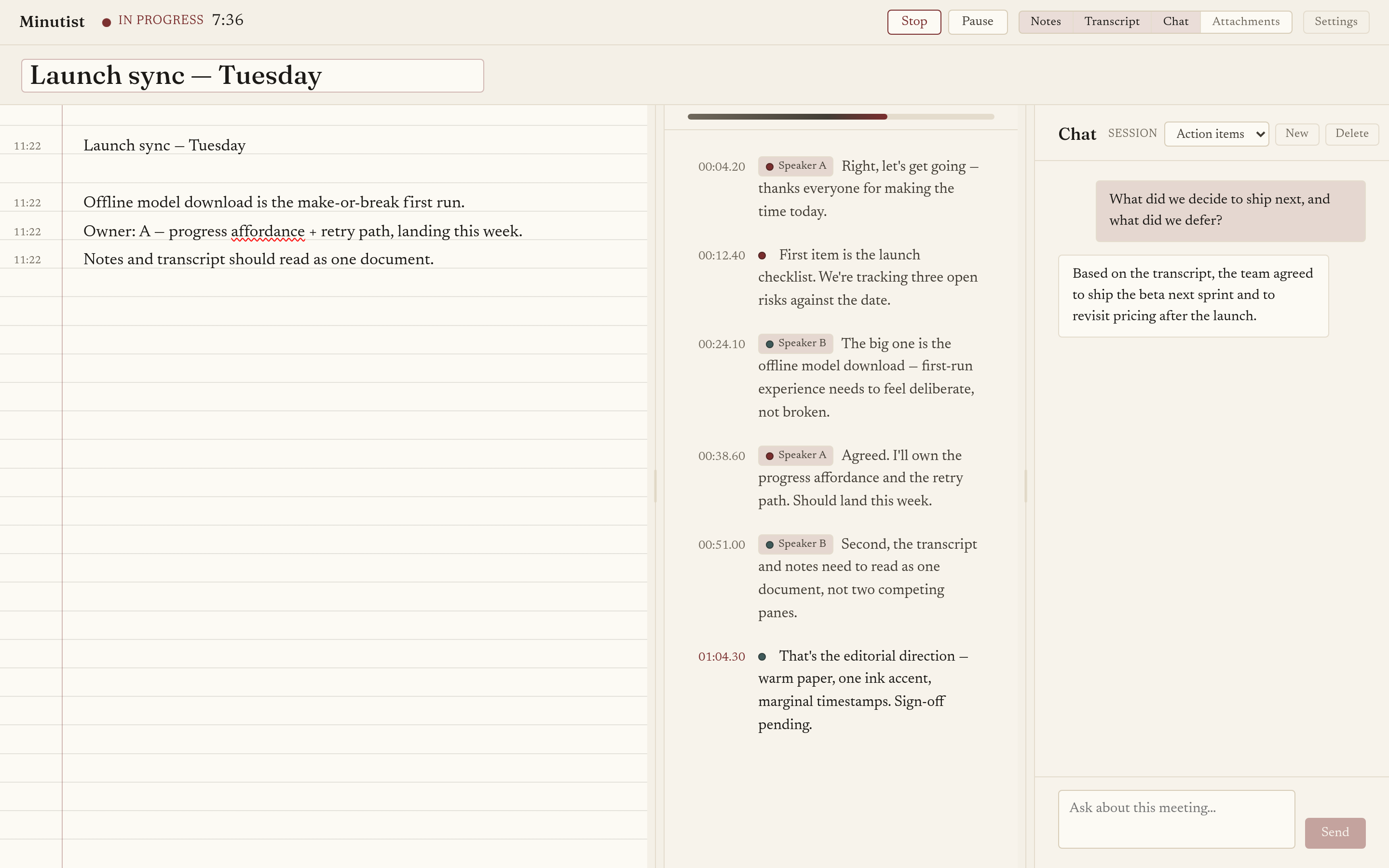 The Minutist desktop app: a meeting's notes and transcript beside an open chat pane, where the agent has answered a question about the meeting from the transcript. Warm-paper interface.