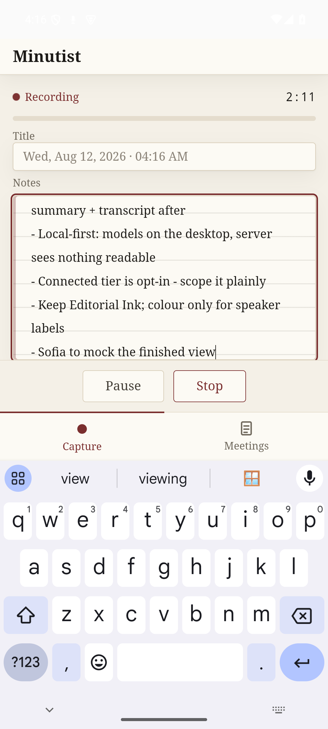The phone companion with the keyboard up and a typed note in the notes pane while recording.