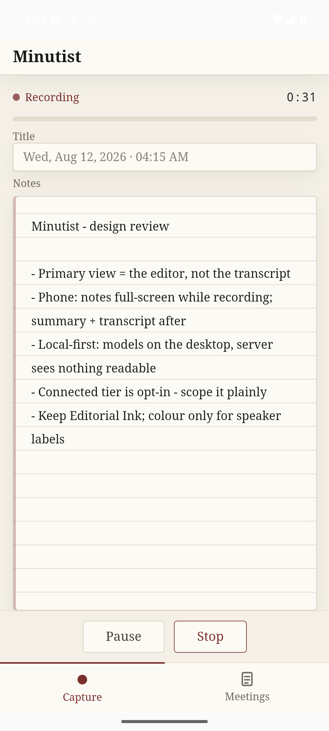 The Minutist phone companion recording: a running timer and level meter, with a typed note kept below.