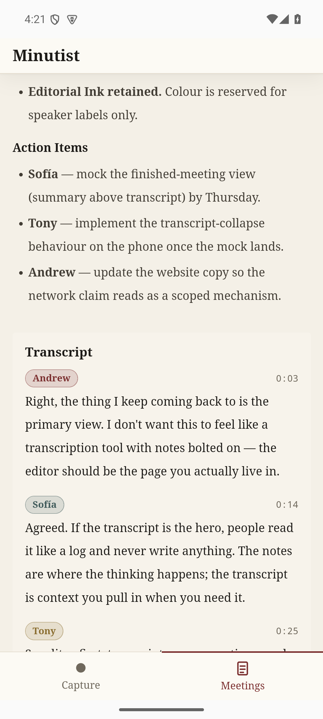 A finished meeting on the phone: summary, then a transcript with coloured speaker labels and timestamps.